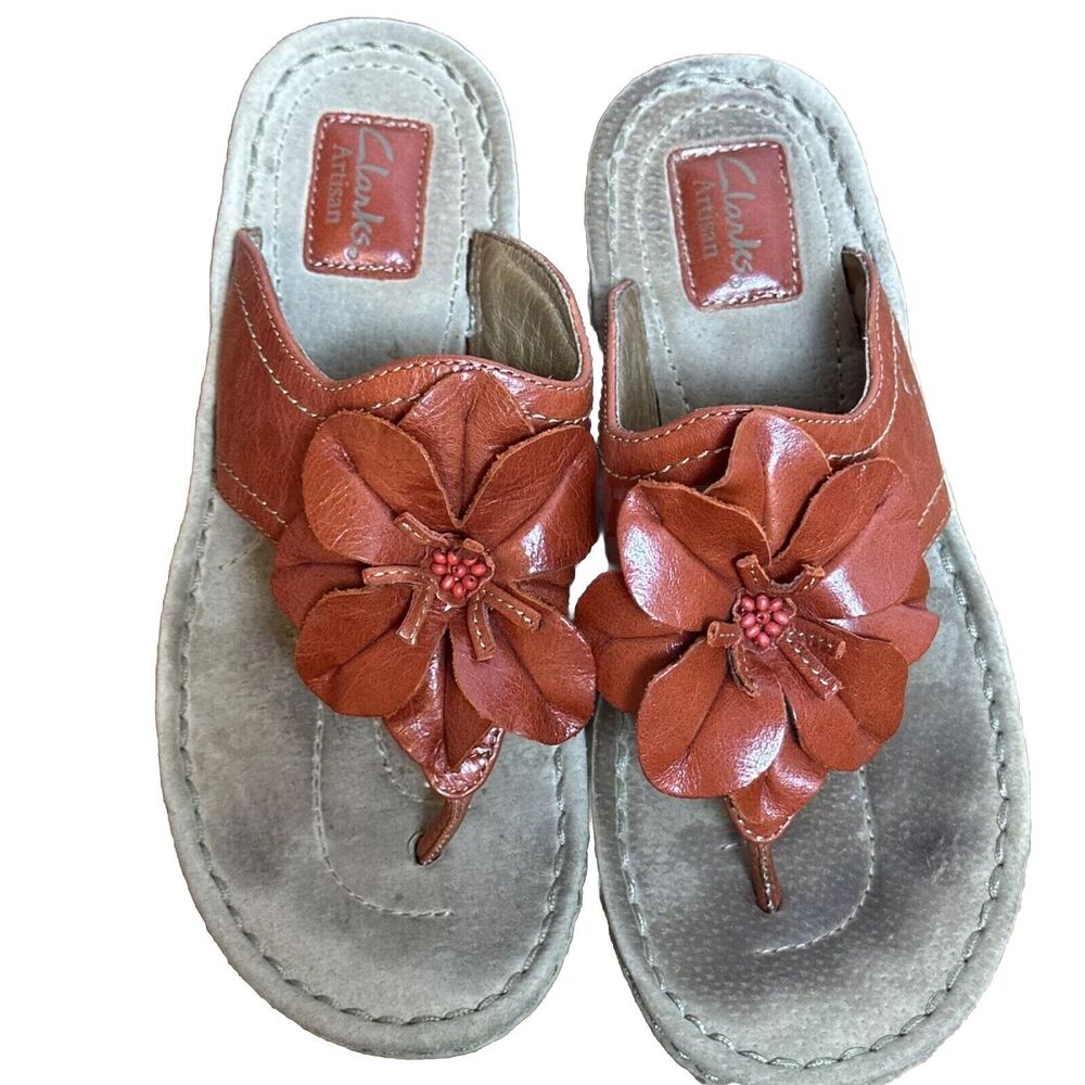 Clarks Women's Artisan Orange Leather Thong Flip flop Sandals Flower 8